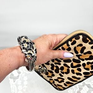 Leopard Print Cow Fur With Leopard Rhinestone Bangle Zip Wristlet Tan &‎ Black